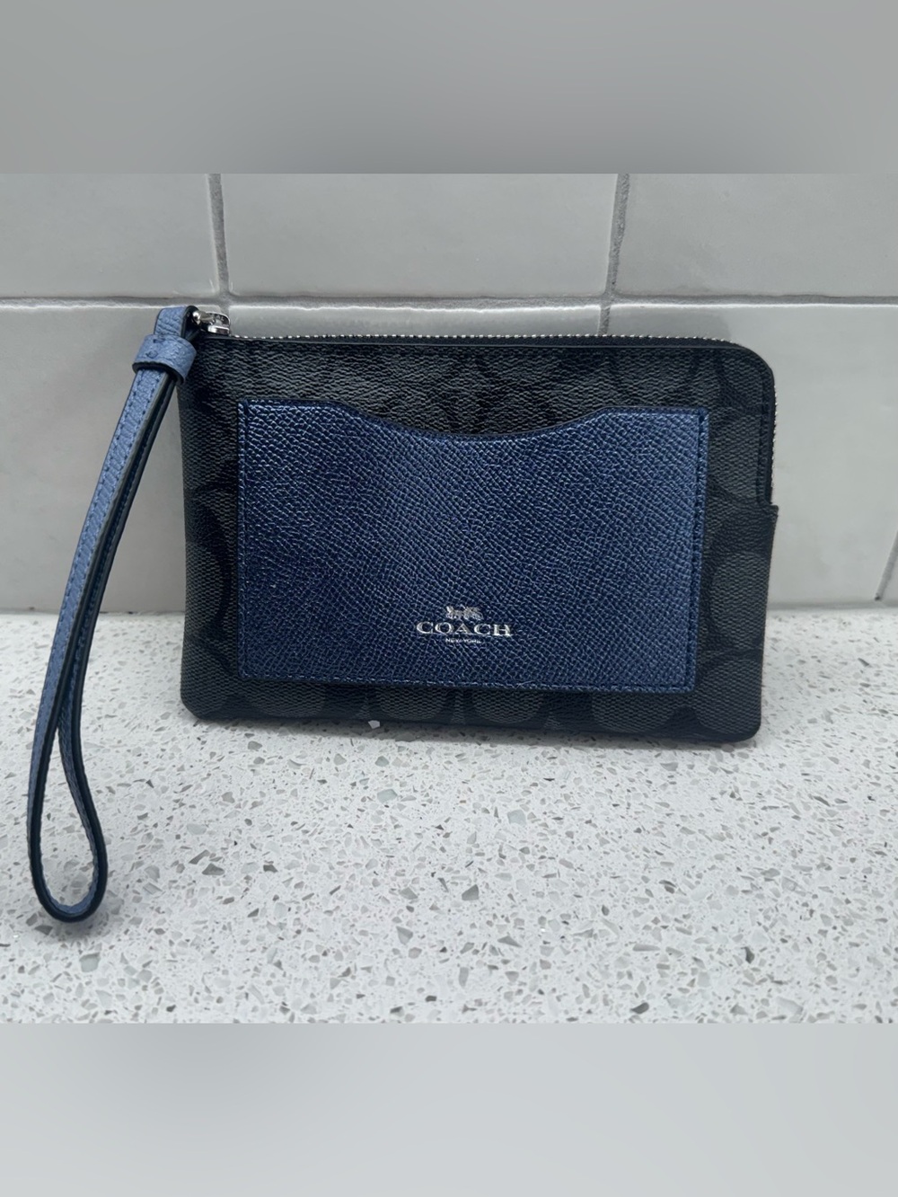 Coach Black and Metallic Navy Wristlet with Front Pocket - Picture 1 of 2